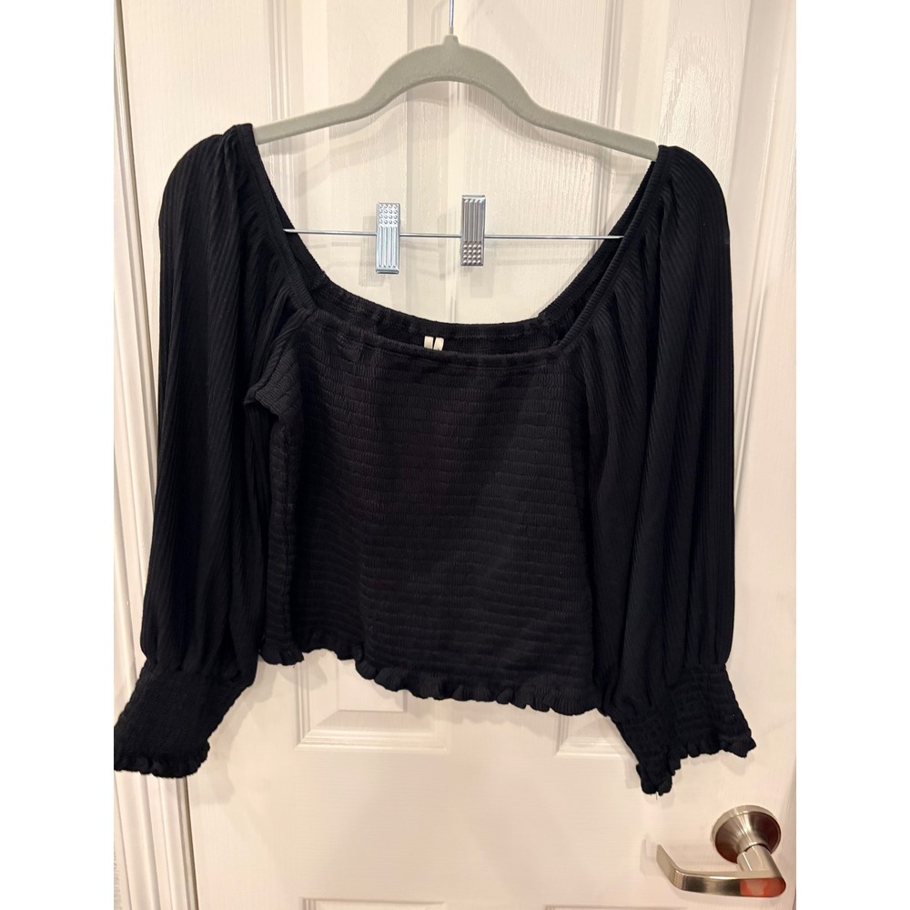 Anthropologie Smocked Crop Top Black Long Sleeve Square Neck Ruffle Blouse XS